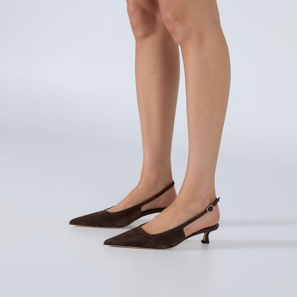 Brown Women's Slingback Kitten Closed Pointed Toe Pumps Low Heel Office Shoes - Picture 2 of 5